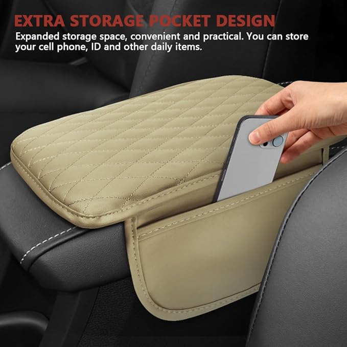 ongfuwu Car Center Console Cover, 12"×7.87" Waterproof Leather Auto Armrest Cover Protector with 2 Pocket, Comfortable Arm Rest Box Cushion Pad, Universal Interior Car Accessories (Beige)