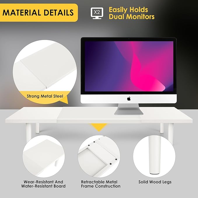 Across-Star Dual-Monitor-Stand-Riser-For-Desk Adjustable Length 32-40 Inch，Large Desktop Computer Monitor Riser For 2 Screens，Desk Shelf Organizer Riser Stand For Computer/Laptop/PC/Printer/TV White