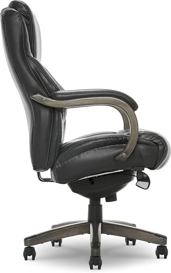 La-Z-Boy Delano Big & Tall Executive Office Chair, High Back Ergonomic Lumbar Support, Bonded Leather, Black with Weathered Gray Wood