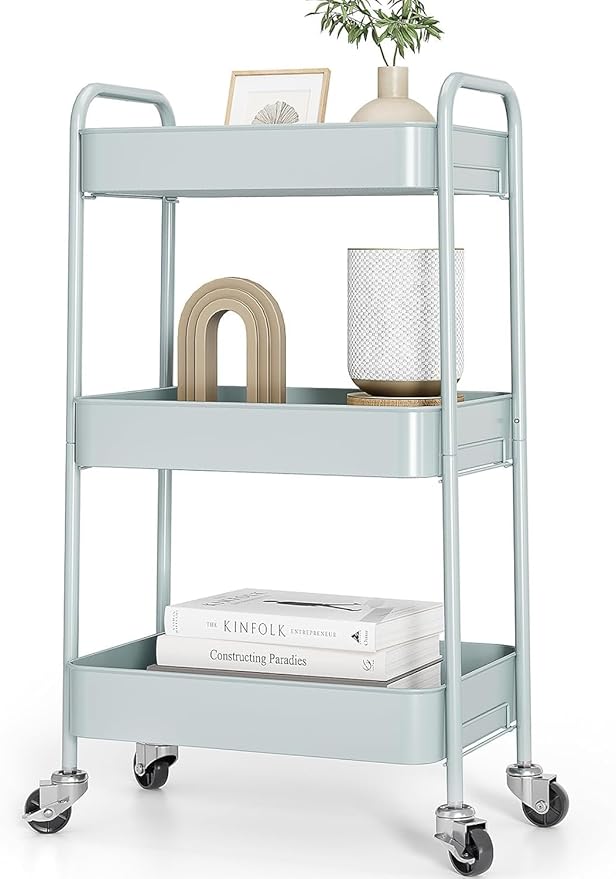 TOOLF 3-Tier Metal Rolling Cart with Wheels, Storage Utility Organizer Cart for Kitchen, Bathroom, Office, Baby Essentials & Makeup - Lockable Casters, Easy Assembly, Large Capacity, Green