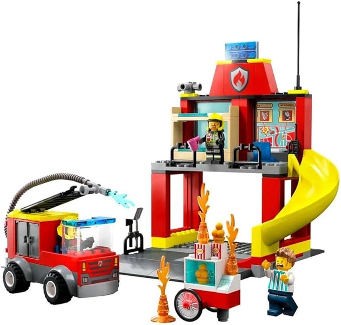 Lego City Fire Station and Fire Engine 60375, Pretend Play Fire Station with Firefighter Minifigures, Educational Vehicle Toys for Kids Boys Girls Age 4+