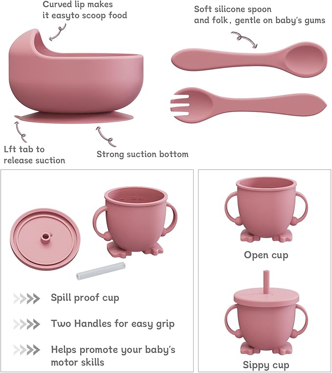 RyanLemon Baby Feeding Set, Baby Flatware Sets, Silicone Baby Led Weaning Set, Suction Plate and Bowl, Pocket Bib, Spoon Fork, Toddler Flatware Set for Babies 6 Months+, Pink