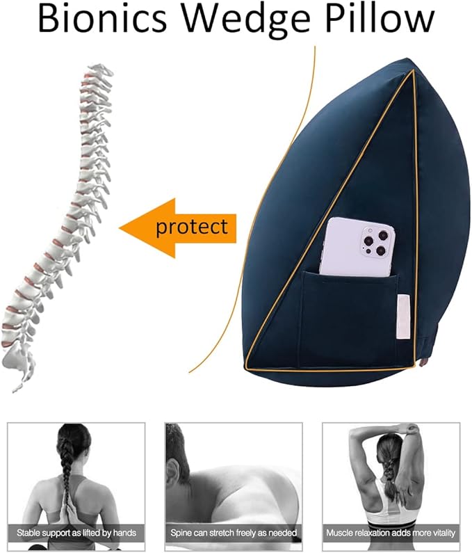 Bed Wedge Pillow for Headboard Small Bolster Pillow Reading Pillows for Sitting Up in Bed Adult, Triangular Backrest Cushion Book Pillows for Daybed Couch Support Upholstered Darkblue