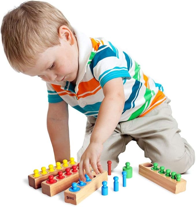 BOHS Montessori Knobbed Cylinders Blocks - 6 Pegs / 6.7 Inches - Colorful Wooden Early Home School Toys - 4pcs Set