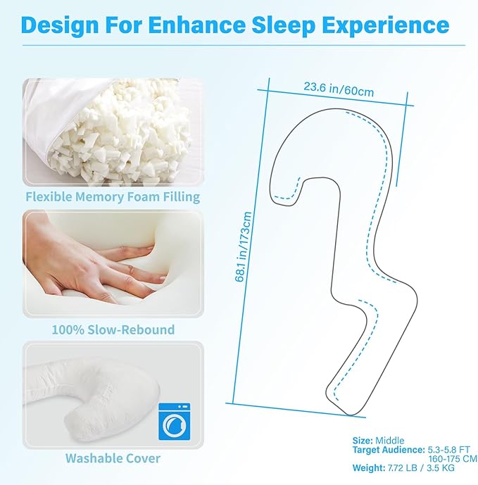 Body Pillow with Cover, 68 Inches Memory Foam Full Body Pillow for Side Sleeper, Long Pregnancy Pillow with Contour Support for Back, Knee, Leg Relief - Medium White