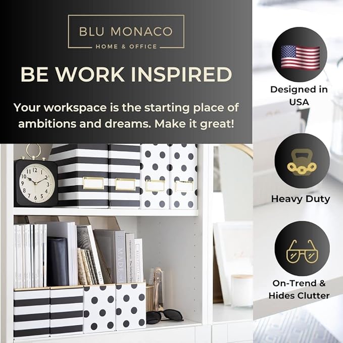 BLU MONACO Set of 4 Magazine File Boxes | 2 Black & White Stripes + 2 Polka Dots | Cardboard File Organizer Boxes for Desk, Office & Classroom Paper Storage – Foldable Magazine Holders
