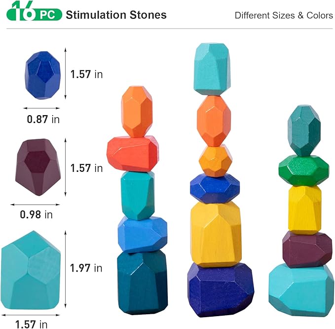 WODI Wooden Rainbow Stacking Stones 16Pcs Wood Sorting Balancing Rocks Blocks Montessori Educational Toys for Toddler Kids 3 Years Up Developing Skills