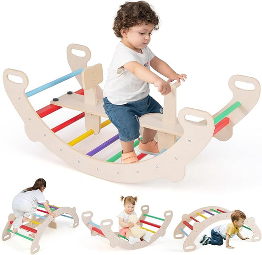 HONEY JOY Wooden Rocking Climbing Arch, 4-in-1 Montessori Kids Arch Rocker Climber Ladder for Rocking Horse, Children Indoor Outdoor Gym Learning Playset, Playground Climbing Toys for Toddlers Gift