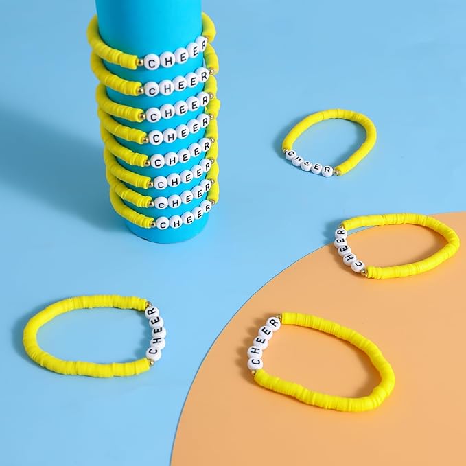 24 Pcs Cheerleader Gifts for Girls Handmade Friendship Bracelets for Teen Girls Stretch Cheer Bracelets Y2k Cheer Stuff Stackable Clay Bead Bracelets Bulk Teens Birthday Christmas Party Favors