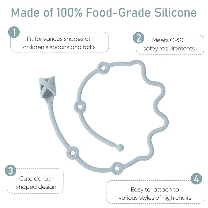 Baby Spoons Self Feeding 6 Month,Toddler Utensils Holder Strap Food Grade Silicone Keep Fork and Spoon Off The Floor Great for Kids,Hook On High Chair（Blue）