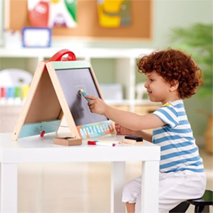 Hape 3 in 1 Tabletop 2 Sided Standing Artwork Easel Blackboard and Magnetic Erasable Whiteboard w/ 10 Chalk Colors & 2 Marker Pens, for Ages 3 and Up