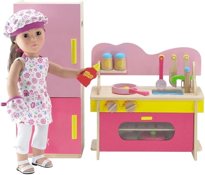 Emily Rose 18 Inch Doll Wooden Play Kitchen Refrigerator Freezer Toy Gift Set, Includes 20 Pretend Food Accessories | Doll Not Included