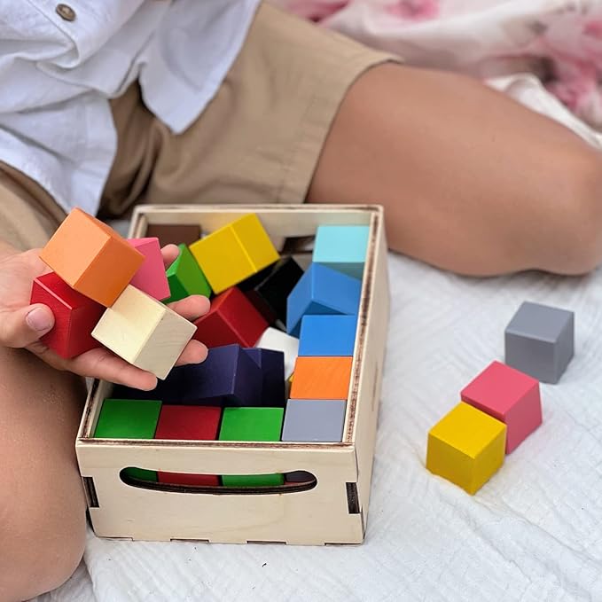 Ulanik Small Colored Cubes Toddler Montessori Toys for 3 Year Old + Kids Wooden Building Blocks Game for Learning Color Sorting and Counting — 40 pcs, 1.2 in