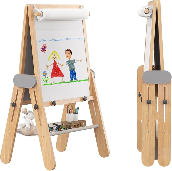 BanaSuper Kids Art Easel - Double-Sided Foldable Wooden Art Easel with Magnetic Chalkboard and Whiteboard, Portable Art Station with Paper Roll Holder for Creative Play