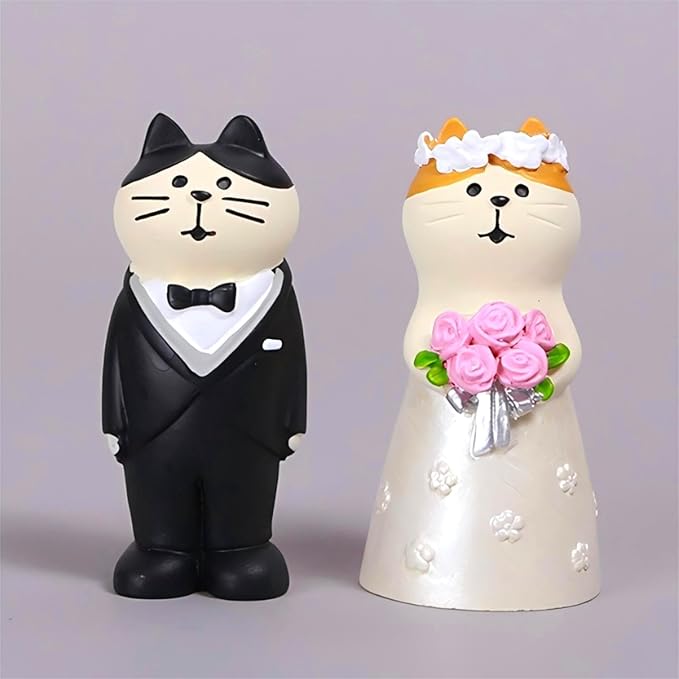 Wedding Cat Figurines Set - Mini Groom and Bride Cats, Adorable Wedding Gifts for Cat Lovers, Wedding Anniversary Cake Topper Decoration, Resin Cat Statues Table Décor