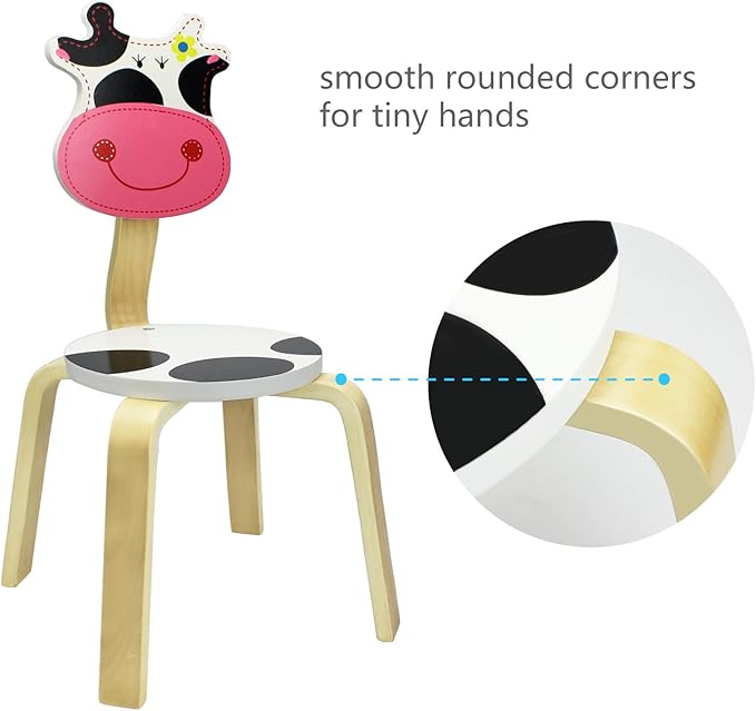 iPlay, iLearn 10 Inch Kids Solid Hard Wood Animal Chair, Stackable Wooden Finished, Preschool, Daycare, Bedroom, Playroom, Nursery Seat, Cow Furniture Stool for Toddlers, Children, Boys, Girls