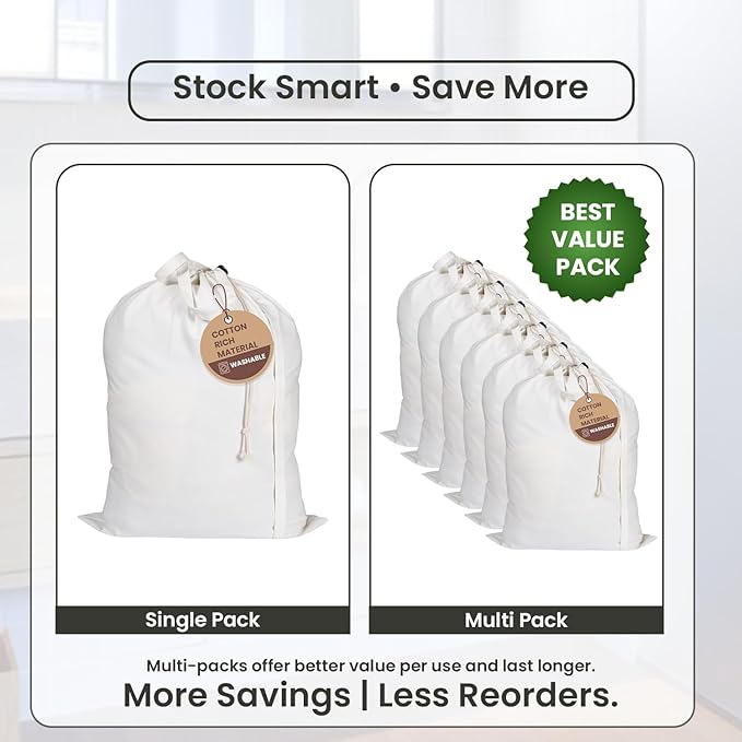 LFH Home Cotton Canvas Large Laundry Bag with Handle, Heavy Duty Drawstring Closure Washable Laundry Bags, School Travel, Home, Hotel, College Dorm, Organizer Sack, Toy Clothes 24x36 (Pack of 4)-White