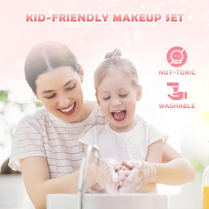 GirlsHome Kids Makeup Set for Girl 56 Pcs Washable Real Cosmetic, Non-Toxic Frozen Toys Toddler Makeup Kit, Frozen Princess Dress up Kit Christmas & Birthday Girl Gift for 3-12 (Frozen Pink)