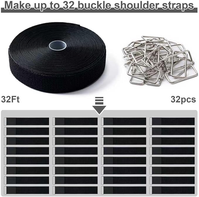 1.5" x32Ft Hook and Loop Straps Cinch Straps Heavy Duty with 32 Metal Buckles, Adjustable Fastening Cable Straps, Free Cut Length, Reusable Nylon Cable Ties for Organizer or Storage, Black