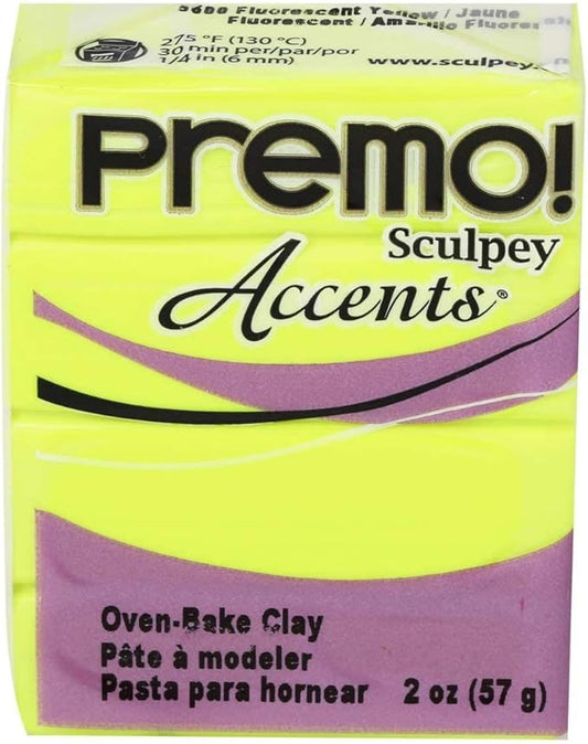 Sculpey Premo™ Polymer Oven-Bake Clay, Fluorescent Yellow, Non Toxic, 2 oz. bar, Great for jewelry making, holiday, DIY, mixed media and more. Premium clay perfect for clayers and artists.