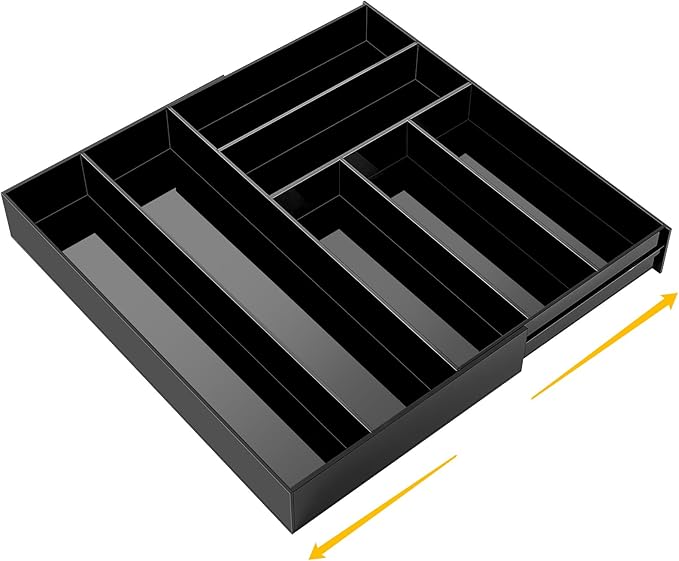 Briwooody 1 Pcs Acrylic Drawer Organizer 9'' up to 18'' x 15'' x 2'' Expandable Drawer Organizer Pens Notebook Ruler Makeup Tray with 7 Adjustable Compartments for Desk Office Kitchen Bathroom(Black)
