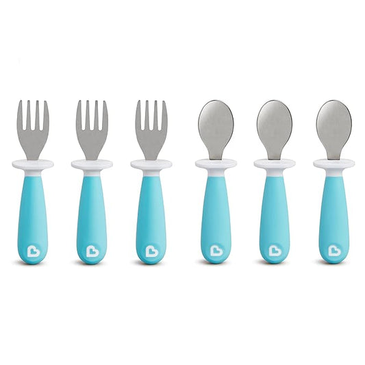 Munchkin® Raise™ Toddler Fork and Spoon Utensil Set, Rest Keeps Tip Off Table, BPA Free, 6 Pack, Blue
