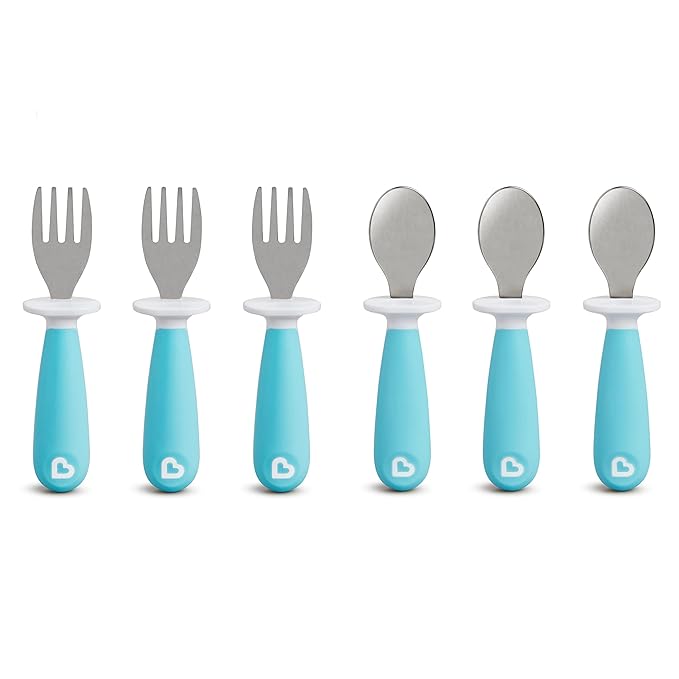Munchkin® Raise™ Toddler Fork and Spoon Utensil Set, Rest Keeps Tip Off Table, BPA Free, 6 Pack, Blue