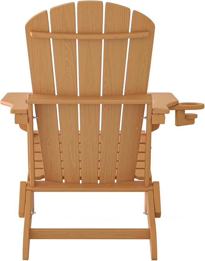 Plawdlik Folding Adirondack Chair, SGS Tested, Wooden Textured with Cup Holder, Heavy All-Weather HDPE Comfortable Set Poolside Backyard Lawn Teak Set 4