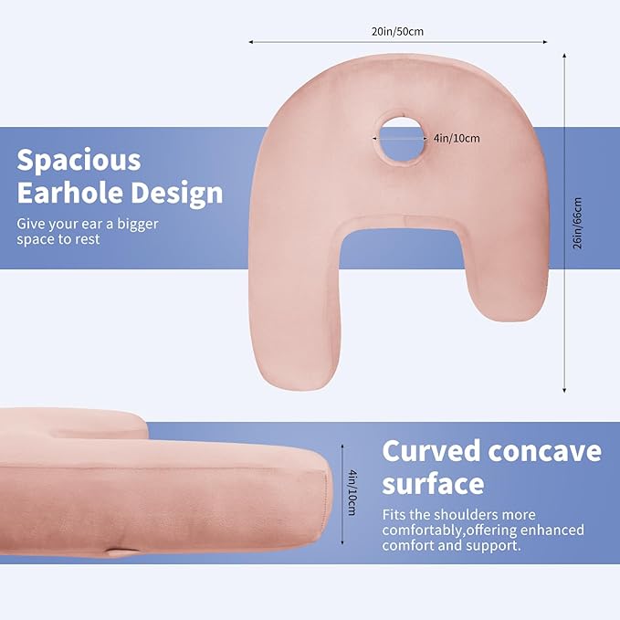 Body Pillow for Side Sleepers with Ear Hole, J & U-Shaped Neck Pillow for Ear Piercing, Relieves Neck, Shoulder & Back Pain, 20x26 Inches with Pillowcase (Pink)