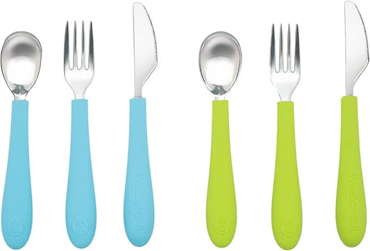 Kids Stainless Steel Utensils Set - Premium 18/8 Grade Silverware Kit - 2 Spoons, 2 Forks, and 2 Knives for Ages 4-7 - Silicone Easy-Grip Handles - Children Flatware Cutlery (Bright - Blue, Green)