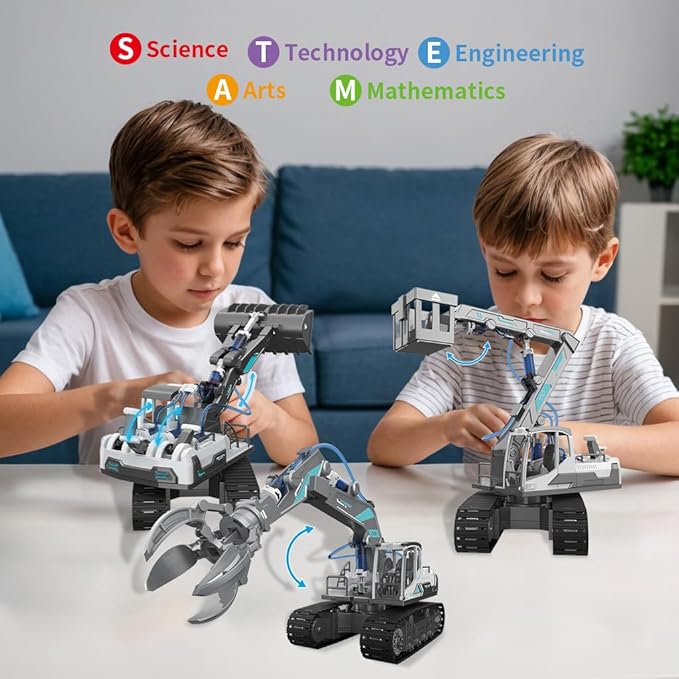 STEM Building Block Construction Toy Set for Kids Age 8-12 - Hydraulic Powered Lift Truck, Bulldozer, Snatch Machine, 3-in-1 Educational Toys, STEM Learning Experience with Fun for Boys