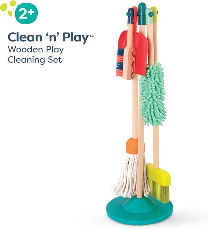 B. toys- Clean n' Play- Pretend Play Wooden Cleaning Set- Playset for Toddlers – Broom, Dustpan, Brush- 2 Years +