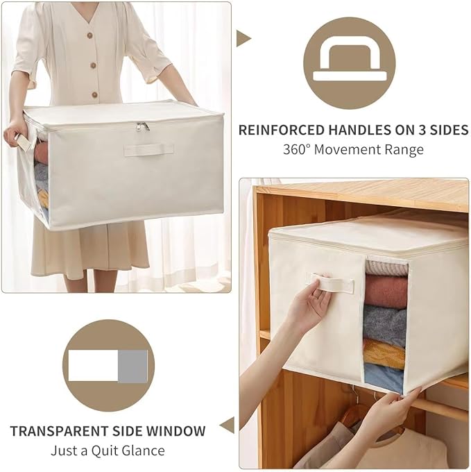 Canvas Comforters Bags Closet Organizers and Storage for Quilts Clothes Organization Containers Bins with Sturdy Zipper, Clear Window 75L for Sweaters Blankets Storage Bedroom Collapsible 2Pack