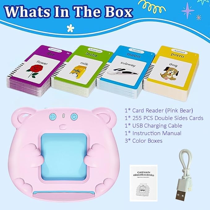 RT&BS Spanish Talking Flash Cards for Toddlers, Bilingual English Spanish Flash Cards for Kids, Spanish Flash Cards for Kids, Gift for Kids Children, 510 Sight Words Pink Bear