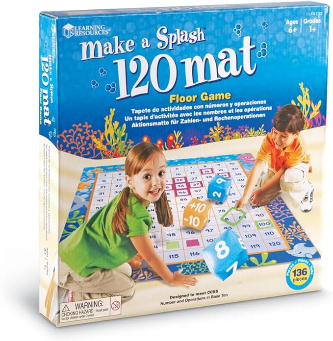 Learning Resources Make a Splash 120 Mat Floor Game, Addition/Subtraction - 136 Pieces, Ages 6+ Math Games for Kids, Educational Games