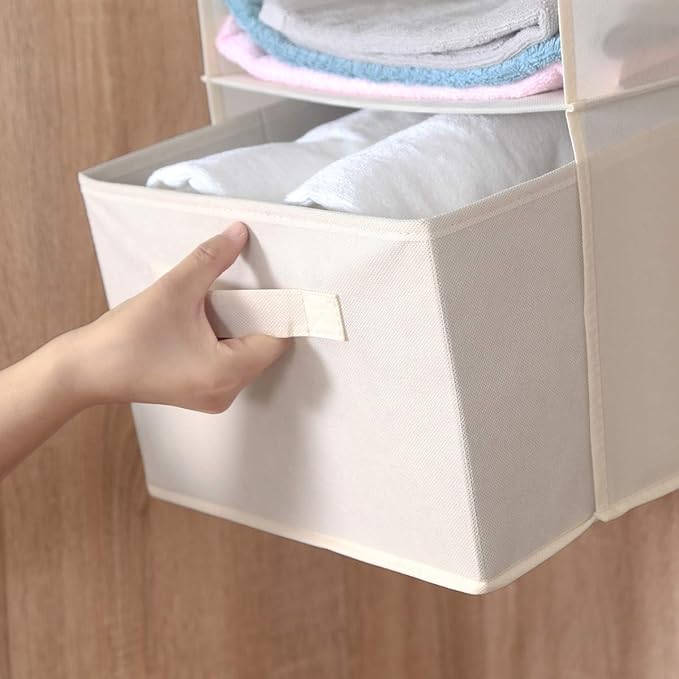 MAX Houser 4-Shelf Hanging Closet Organizer, Space Saver, Cloth Hanging Shelves with 2 Side Pockets, Foldable (Beige)