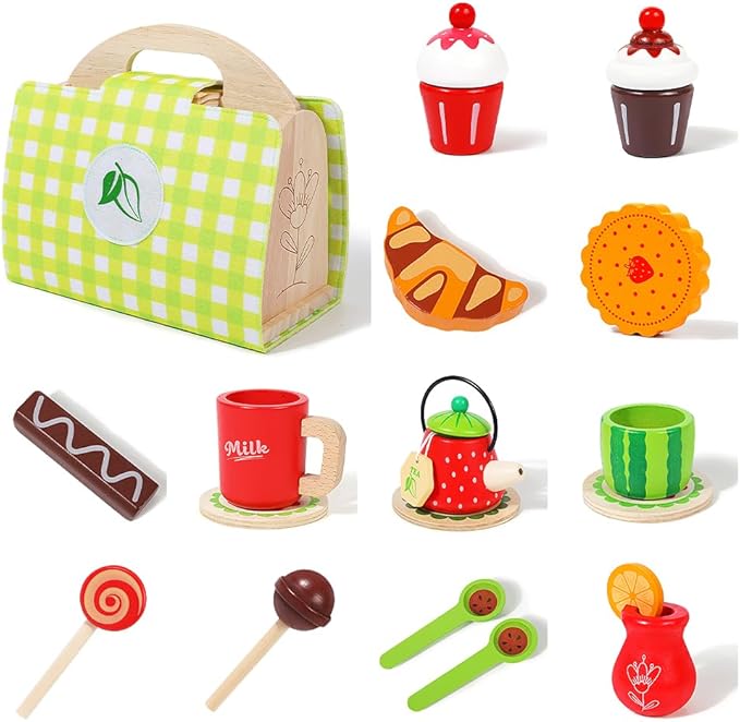 JAUNTY Tea Party Set Toy for Little Toddler Girl 3 4 5 6 Years Old, Wooden Tea Set Pretend Role Play Kitchen Toy with Carrying Case, 3-5 Year Old Kids Girls Boys Birthday