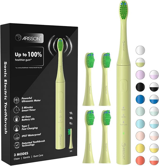 ARISSON Sonic Electric Toothbrush for Adults and Kids, 40,000 VPM Power Toothbrush, 1.5H Fast Charge Ultrasonic Electric Toothbrushes with 2 Minutes Smart Timer, 1.6 Oz Travel Toothbrush, Lime Green