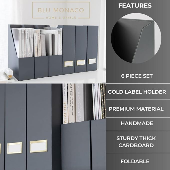 BLU MONACO | Set of 6 Foldable Grey Magazine File Holders with Gold Label Holders | Vertical File Organizer Boxes for Desk, Bookshelf & Home Office Storage