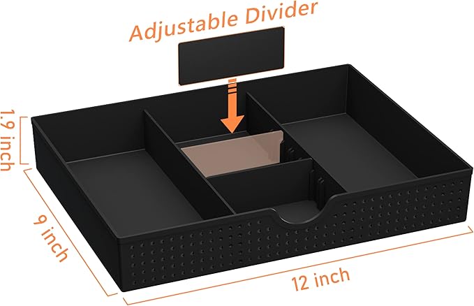 CAXXA 2 Pack 3 Slot Drawer Organizer with Two Adjustable Dividers - Junk Drawer Storage for Office Desk Supplies and Accessories, Black (2 Pack)