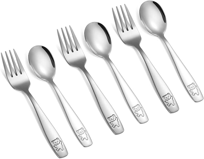Pimoys 6 Pieces Toddler Utensils Kids Silverware Stainless Steel Toddler Forks and Spoons Set, Metal Children's Safe Flatware Kids Cutlery Set, 3 x Child Forks, 3 x Children Spoons