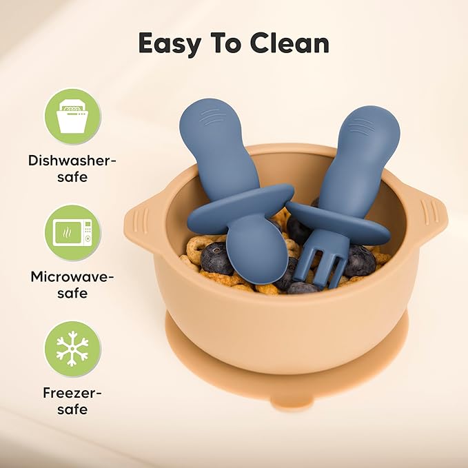 KeaBabies 4-Pack Silicone Baby Spoons and Forks Set - Baby Spoon Self Feeding, BLW Baby Utensils 6-12 Months, Baby Led Weaning Feeding Spoon, Teething Infant Baby First Food Training Pre Spoon(Slate)