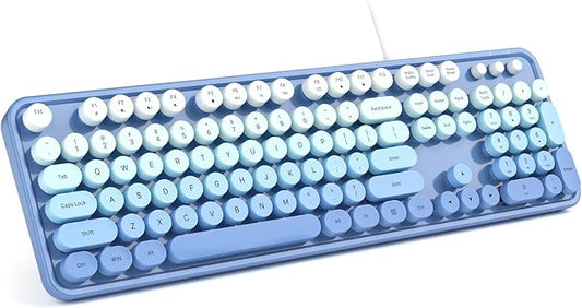 Computer Keyboard Wired, Plug and Play USB Retro Round Typewriter Keyboard, Full Size Wired Keyboard with Foldable Stands for Laptop and Office PC- Blue Gradient