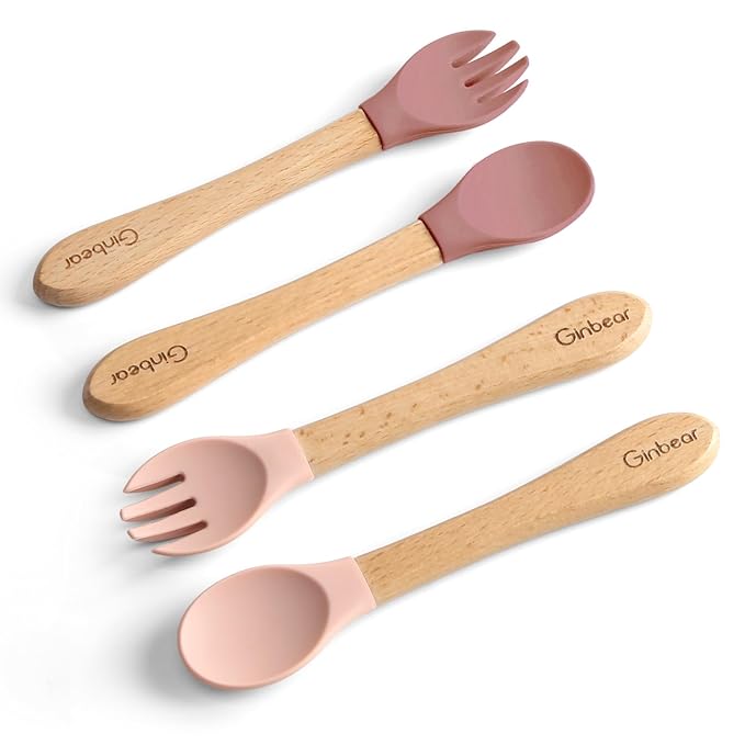 Ginbear Silicone Baby Spoon and Fork Self-feeding, Baby Flatware Sets for Girl, Toddler Feeding Utensils for Child 6 Months+ (Mauve/Pink)