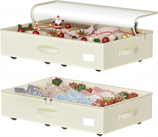 Under Bed Storage with Wheels, No Assemble Required 5.5 inches height beige under bed storage bins,Low Profile Rolling Underbed Shoe Storage containers，dorm underbed storage drawers