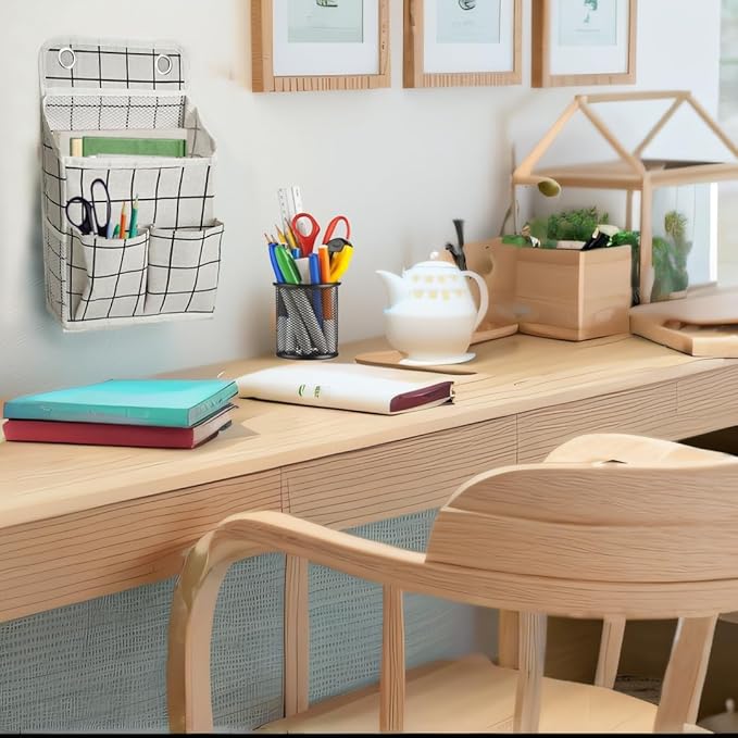 Hanging Basket for Organizing, Wall Organizer with Pockets and Over The Door Organizer，Can for Home, Closet, Office and Camper (White Grid2)