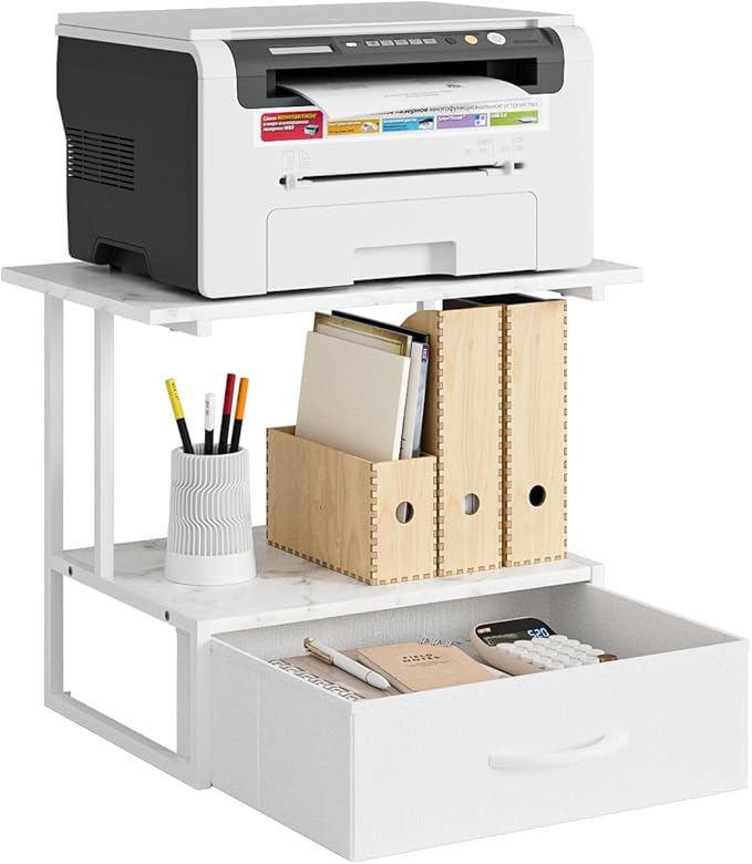 Masupu Printer Stand for Desk, Printer Table with Fabric Storage Drawer, 2 Tier Desktop Shelf, Multi-Purpose Desk Organizer for Home Office, 3D Printer, Fax Machine, Scanner, Marble White