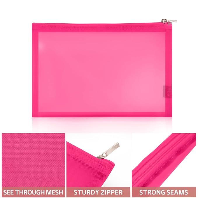 EASYFUN Mesh Pouch, Make up Bag with Zipper Cosmetic Organizer Pouch for Daily or Travel to Keep Small Items, 4 PCS Rose red