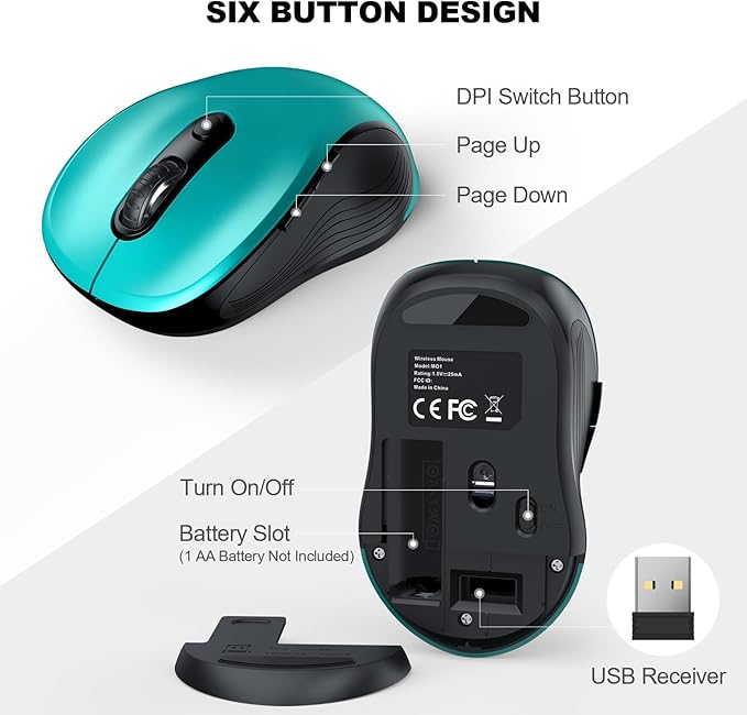 WisFox 2.4G Wireless Mouse for Laptop, Ergonomic Computer Mouse with USB Receiver and Type-C Adapter, 3 Adjustable Levels, 6 Button Cordless Wireless Mice for Windows Mac PC Notebook (Green)