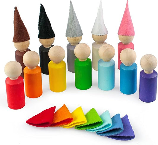 Ulanik Peg Dolls with Hats Toddler Montessori Toys for 3 Year Old + Kids Wooden Waldorf Dolls for Learning Color Sorting and Counting — 12 Gnomes, 2.36 in